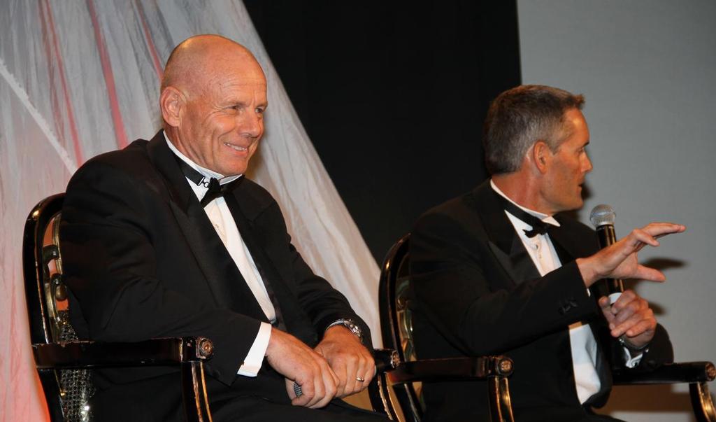 Grant Dalton (left) smiles while his rival, Russell Coutts, makes a point at the black tie dinner. © Richard Gladwell www.photosport.co.nz